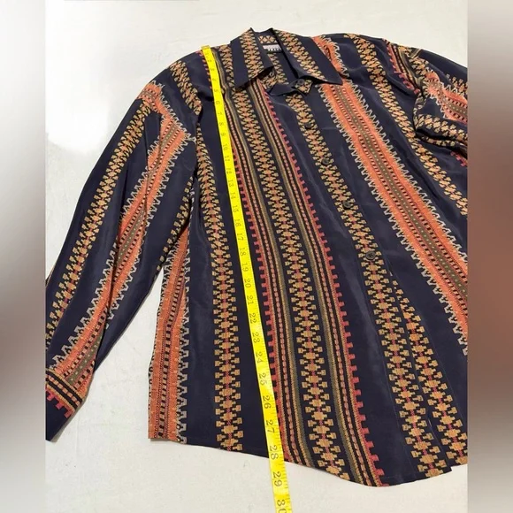 Vintage 90s Ellen Tracy Silk Blouse Geometric Stripe Navy Boho Oversized Size8 - Picture 4 of 10